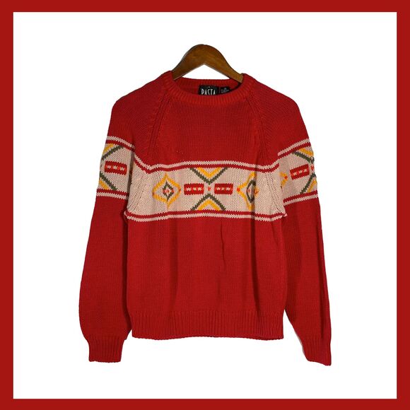 Vintage Red Knit Sweater Geometric Aztec Print Pullover 80s 90s Size Medium - Picture 1 of 11